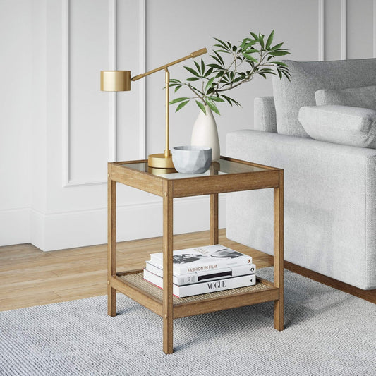 33301 Hayes Solid Wood Nightstand, Bedside, End or Side Table in Light Brown Wood Finish & Glass Top with Open Storage Shelf, 18 in X 18 in X 22 In