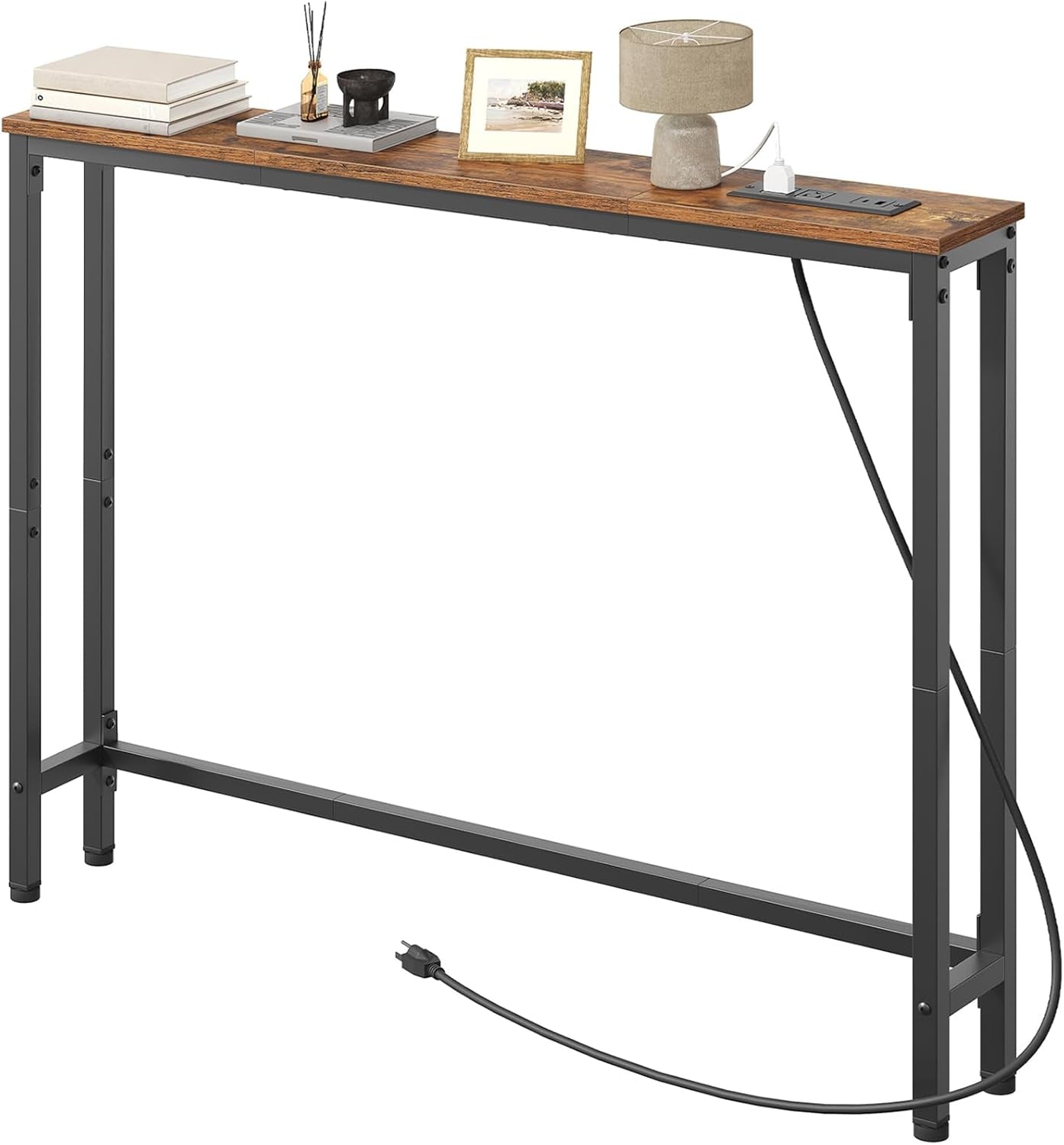 39.4 Inch Narrow Console Table with Power Outlets, 5.9 Inch Skinny Sofa Table behind Couch, Small Entryway Table, Metal Frame, for Living Room, Hallway, Rustic Brown and Black BF52UXG01