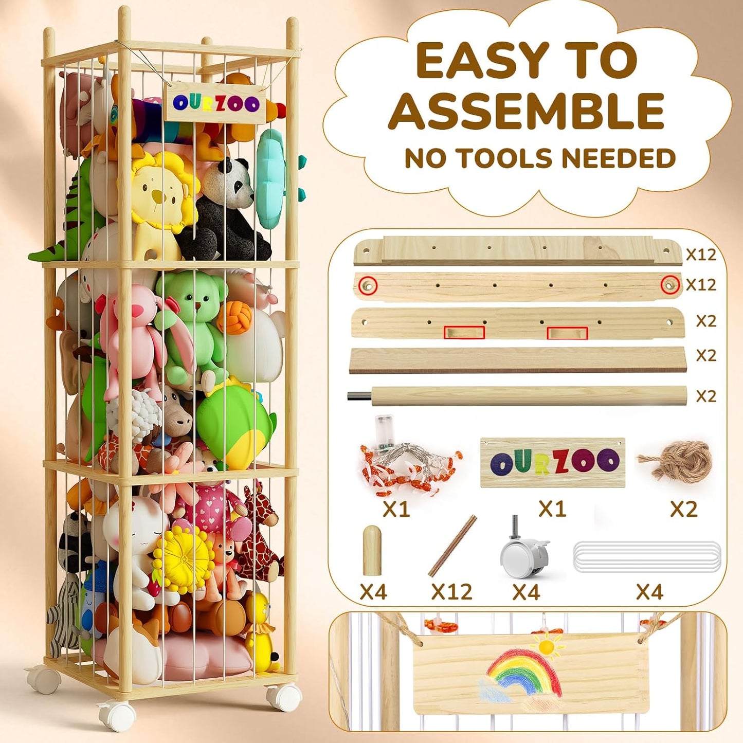 Stuffed Animal Storage Zoo with Wheels and Twinkling Bee String Lights, 55.12Inch Large Wooden Stuffed Animal Storage & Organizer with Elastic Cord Kids Plush Toy Storage for Nursery Playroom
