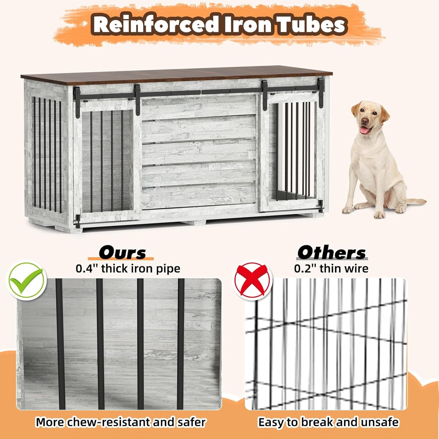 Dog Crate Furniture, 63''Wooden Dog Kennel with Removable Divider and Sliding Door, Dog Crates with Double Rooms, Heavy Duty Dog Crate Table Indoor TV Stand for Small Medium Large Dogs