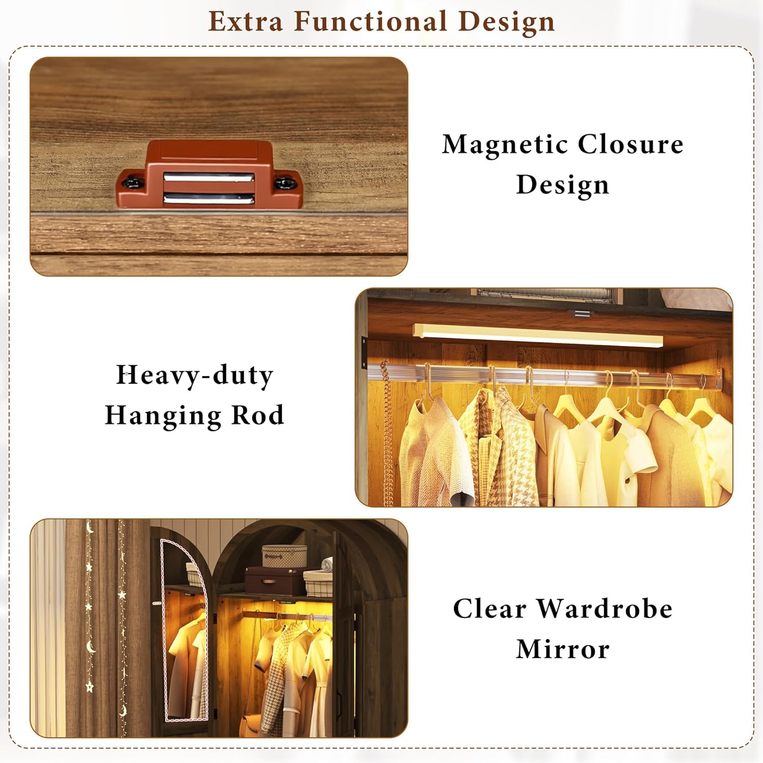 2 Doors  with Mirror and Lights, 71" Farmhouse Arched Wooden Wardrobe Cabinet with Drawers,Hanging Rod, Clothing Storage Closet Cabinet for Bedroom,Light Rustic Oak