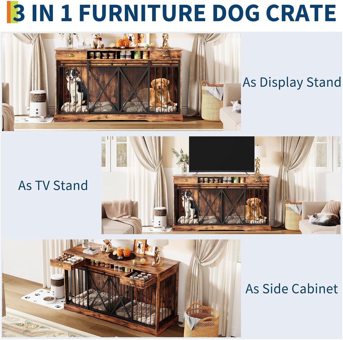 63" Large Dog Crate Furniture, Heavy Duty Indoor Dog Kennel with Removable Divider, Sliding Doors, 2 Drawers and Open Shelves, Decorative TV Stand, Rustic Brown
