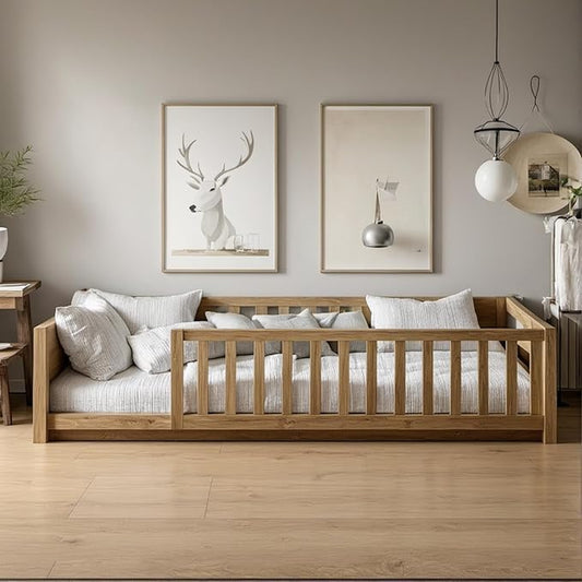 Twin Size Montessori Toddler Floor Bed with Wood Slats for Girls and Boys, Wood Montessori Bed Frame with Safety Guardrails, No Box Spring Needed, Natural