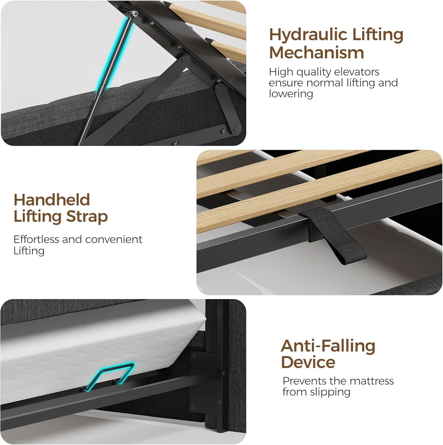 Bed Frame Twin Size with Lift up Storage, Charging Station & LED Lights, Upholstered Storage Headboard, Heavy Duty Wooden Slats, No Box Spring Needed, Noise Free, Easy Assembly, Dark Grey