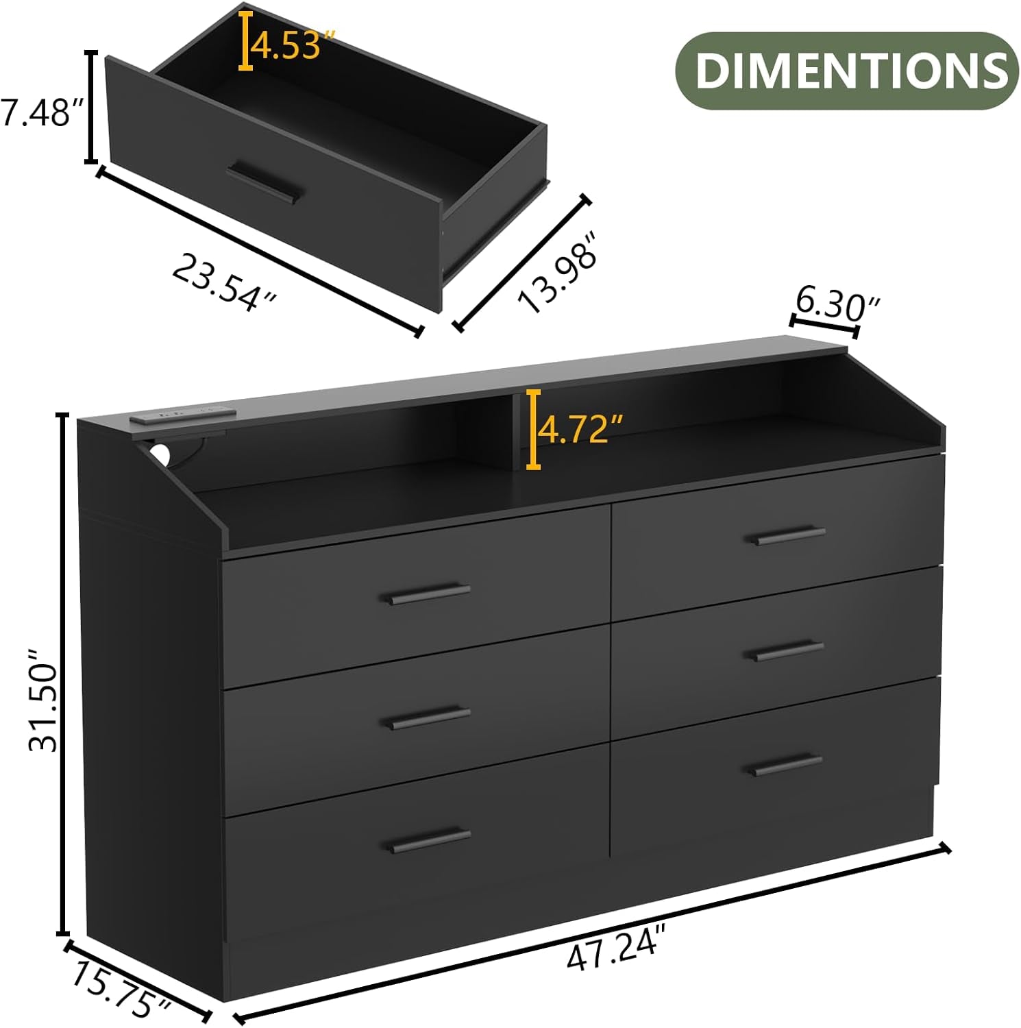 6 Drawer Dresser with Power Outlet, Chest of Drawers with LED Light, Modern Dresser with Open Storage Cubby, Double Wide Dressers Organizer for Bedroom, Living Room, Entryway, Hallway
