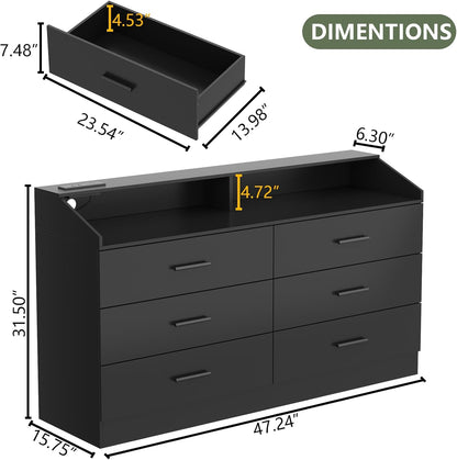 6 Drawer Dresser with Power Outlet, Chest of Drawers with LED Light, Modern Dresser with Open Storage Cubby, Double Wide Dressers Organizer for Bedroom, Living Room, Entryway, Hallway
