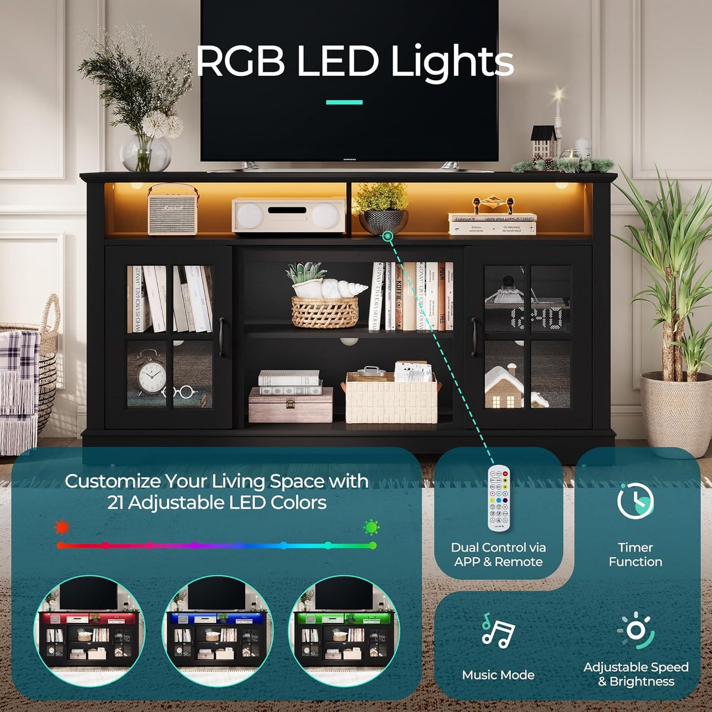 TV Stand for 65 Inch TV, 32" Tall Entertainment Center with LED Lights and Glass Door Storage Cabinet, Modern Farmhouse TV Media Console Table for Living Room, Black