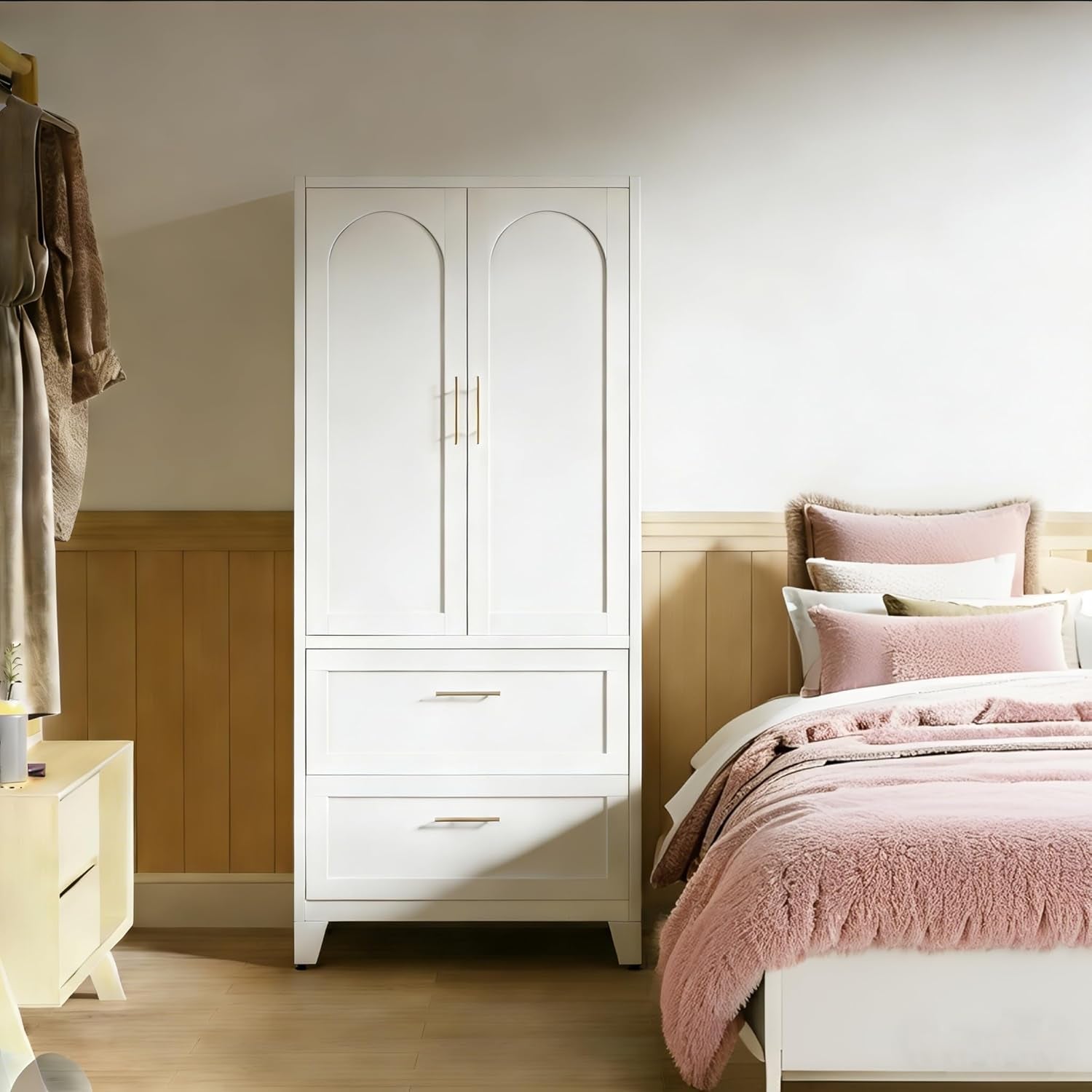 71 Inch Tall Metal Wardrobe Cabinet with 2 Drawers & Hanging Rod, Freestanding Closet with Adjustable Shelf, Space-Saving Storage Organizer for Bedroom, Entryway, Office, White