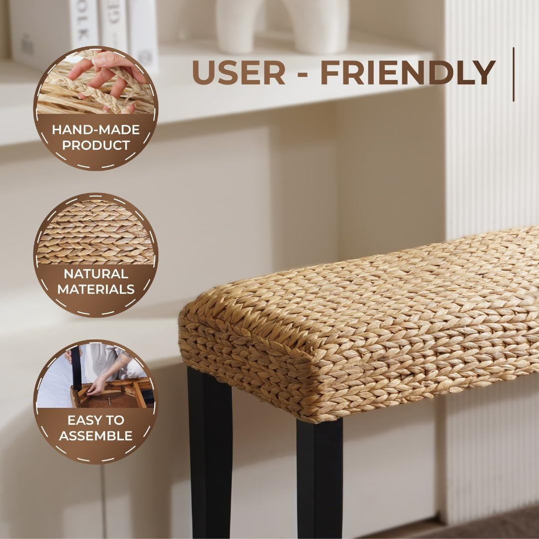 Solid Wood Acacia Bench with Natural Woven Seat, Boho Bench Entryway, Wood Bench for Living Room, Porch Lawn Garden Yard or Entryway (Fishbone Style - Black Leg, Water Hyacinth)