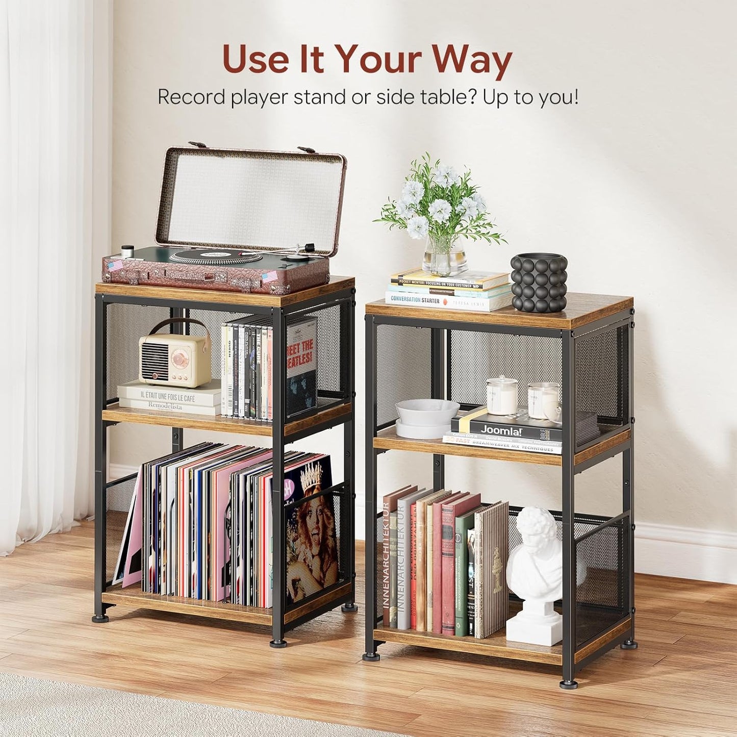 Record Player Stand, 3 Tiers Side Table, Turntable Stand with Vinyl Record Storage, Hold up to 100 Albums, Rustic Brown