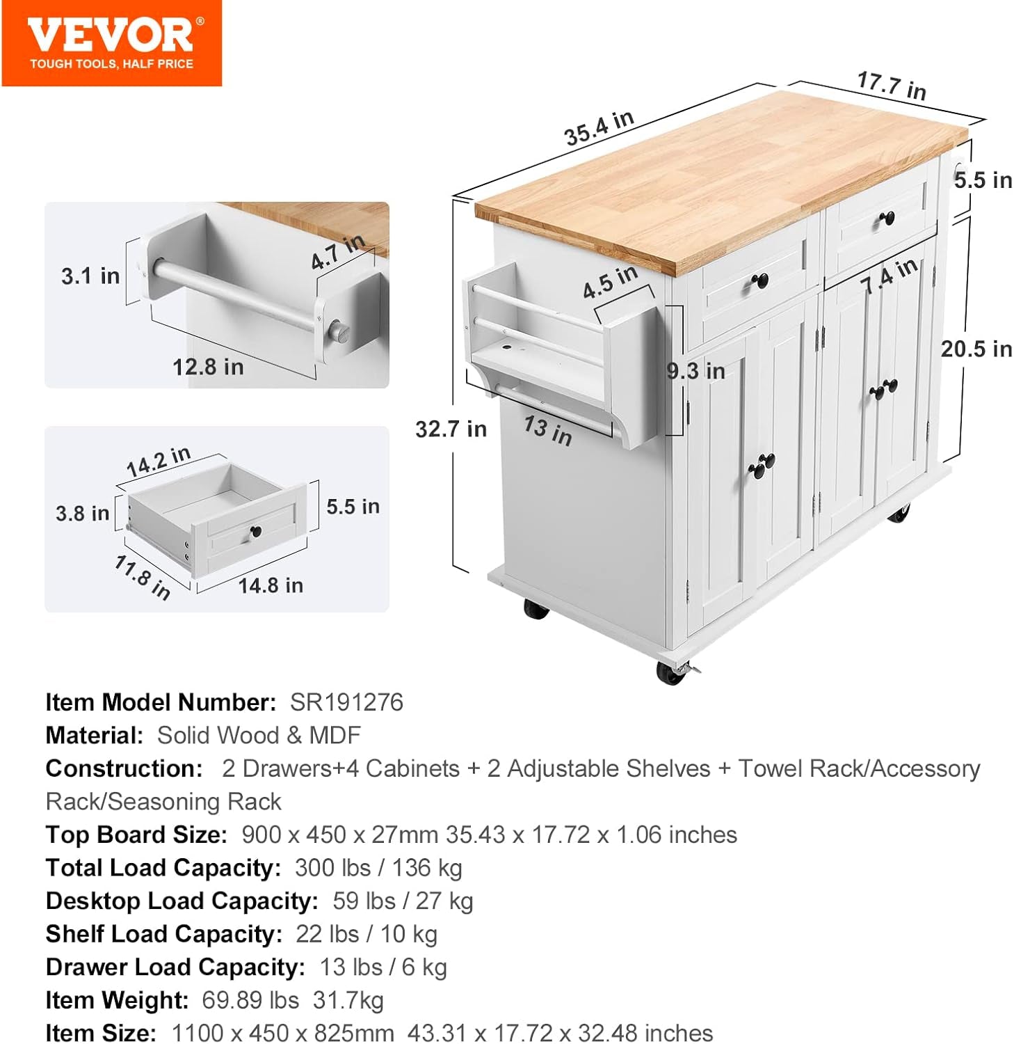 Kitchen Island Cart with Solid Wood Top, 35.4" Width Mobile Carts with Storage Cabinet, Rolling Kitchen Table with Spice Rack, Towel Rack, and Drawer, Portable Islands on Wheels, White