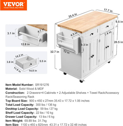 Kitchen Island Cart with Solid Wood Top, 35.4" Width Mobile Carts with Storage Cabinet, Rolling Kitchen Table with Spice Rack, Towel Rack, and Drawer, Portable Islands on Wheels, White