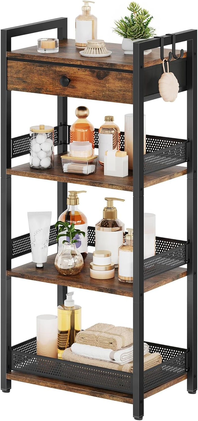 4 Tier Ladder Shelf Stand, Bookshelf with Drawer Storage, Decorative Display Shelves Wood & Metal, Plant Shelf, Standing Shelf Unit for Living Room Bedroom Office Kitchen, Rustic Brown