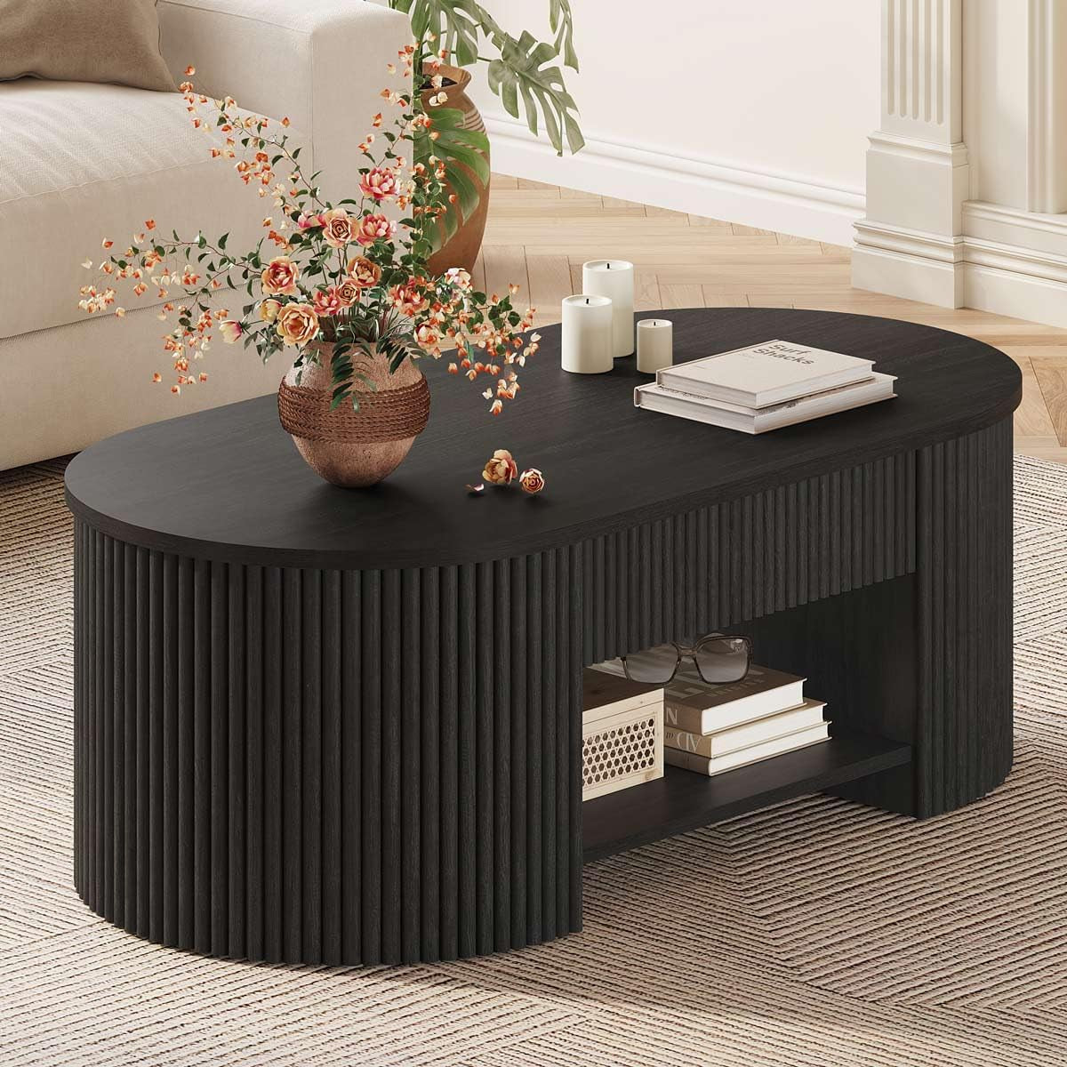 Coffee Table for Living Room Storage, Modern Wood Fluted Center Table with Drawer, Mid-Century Oval Living Room Tables with Shelf (Black, 43.31 Inch)