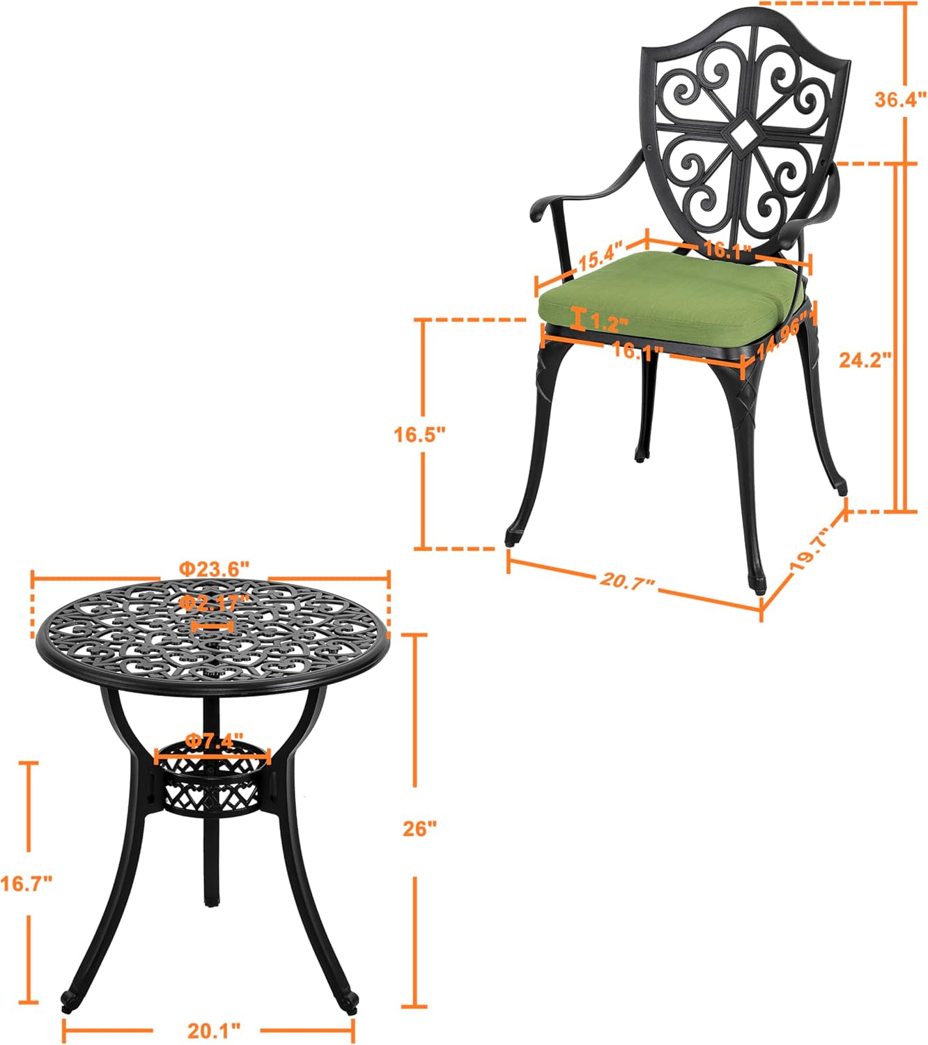 Outdoor 3-Piece Bistro Set with Cushions, round 24 Inch Cast Aluminum Bistro Table with 2.17" Umbrella Hole, 2 Cast Aluminum Bistro Chairs, for Patio, Garden, Backyard and Balcony, Black