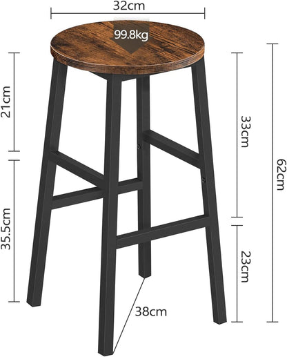 Bar Stools, Set of 2 round Bar Chairs with Footrest, 24.4 Inch Kitchen Breakfast Bar Stools, Industrial Bar Stools, Easy Assembly, for Dining Room, Kitchen, Rustic Brown BAHR0201Z