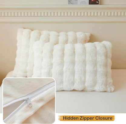 2 Pack Fluffy Faux Rabbit Fur Pillow Cases, Luxury Soft Plush Shaggy Bubble Waffle Pillowcases King Size Zipper Closure, Furry Fuzzy Ivory Long Pillow Shams Bedroom Living Room 20X36, Beige