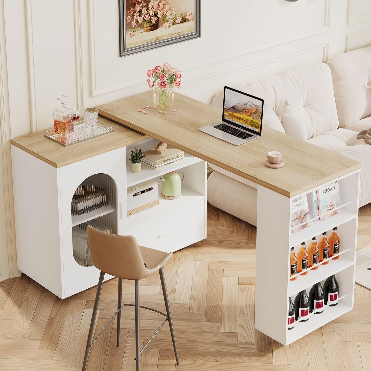 72.4” Rolling Kitchen Island with Swivel Table, Storage Cabinet, Drawers & Shelves, White Modern Mobile Island Cart on Wheels, Farmhouse Wood Island Table for Kitchen, Dining Room, Home Bar