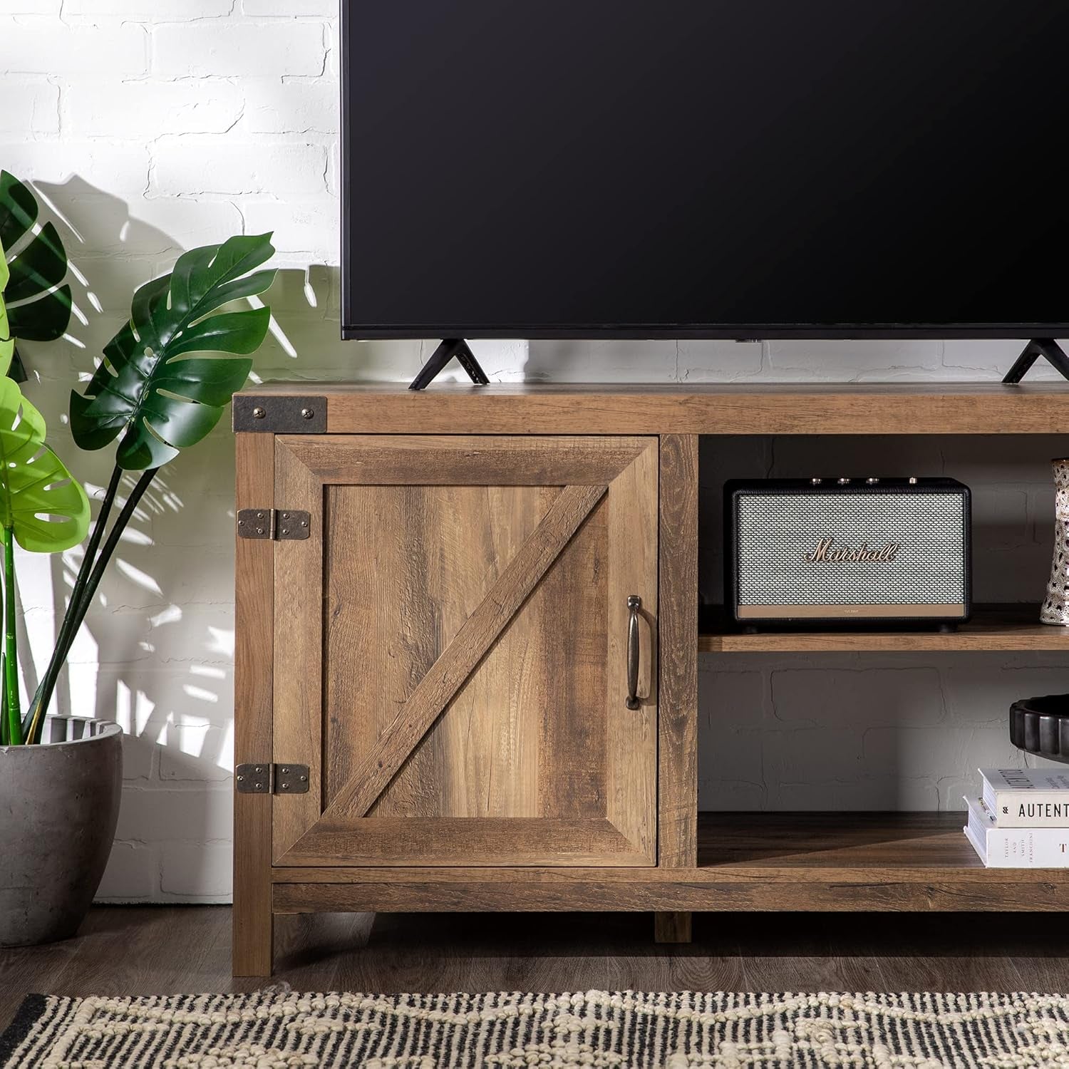 Lewis Single Barn Door Storage Console, 44 Inch, Rustic Oak, without Fireplace
