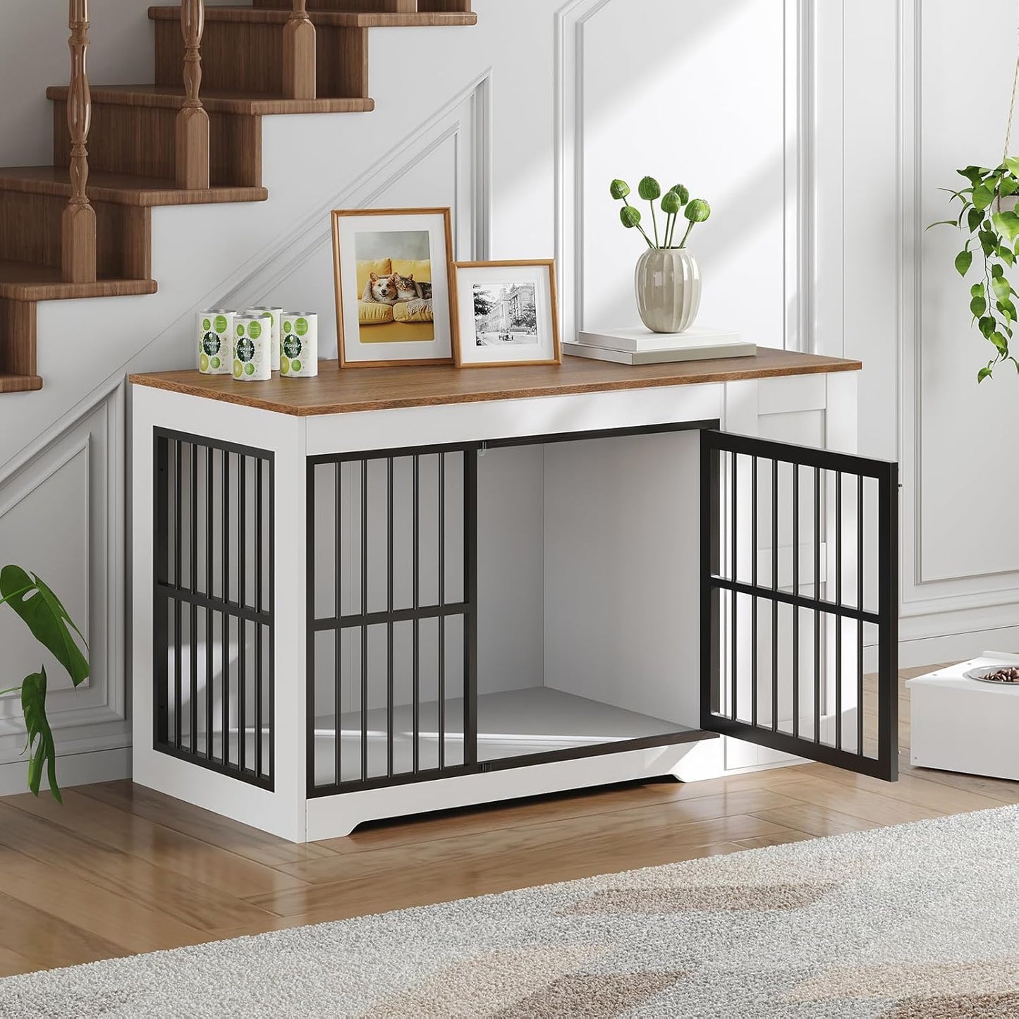 Dog Crate Furniture, 47.2” Dog Kennel Indoor with Storage Shelf and Feeding Bowls, Wooden Dog Kennel Furniture for Medium Large Dogs, White, Walnut and Black