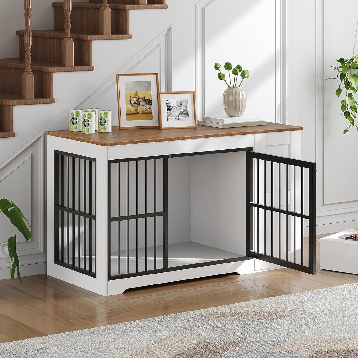 Dog Crate Furniture, 47.2” Dog Kennel Indoor with Storage Shelf and Feeding Bowls, Wooden Dog Kennel Furniture for Medium Large Dogs, White, Walnut and Black