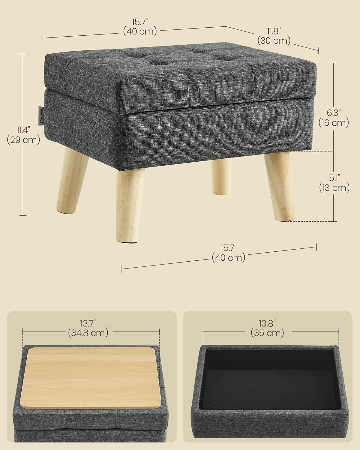 Storage Ottoman, Foot Stool, Ottoman with Padded Seat, Foot Rest with Wood Legs, Small Table, for Hallway, Living Room, 11.8 X 15.7 X 11.4 Inches, Linen-Look Fabric, Slate Gray ULOM517GN01