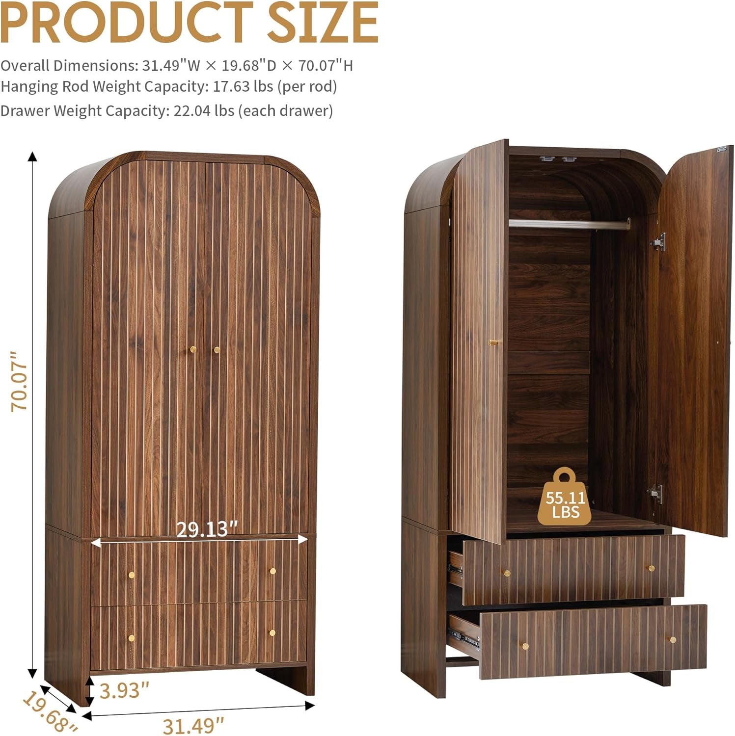 Arched Armoire Wardrobe Closet, Mid-Century Modern 2-Door Freestanding Wardrobe with Hanging Rod and 2 Drawers, Fluted Carved Clothing Storage Cabinet for Bedroom (Walnut)