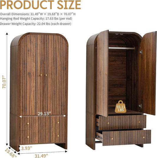 Arched Armoire Wardrobe Closet, Mid-Century Modern 2-Door Freestanding Wardrobe with Hanging Rod and 2 Drawers, Fluted Carved Clothing Storage Cabinet for Bedroom (Walnut)