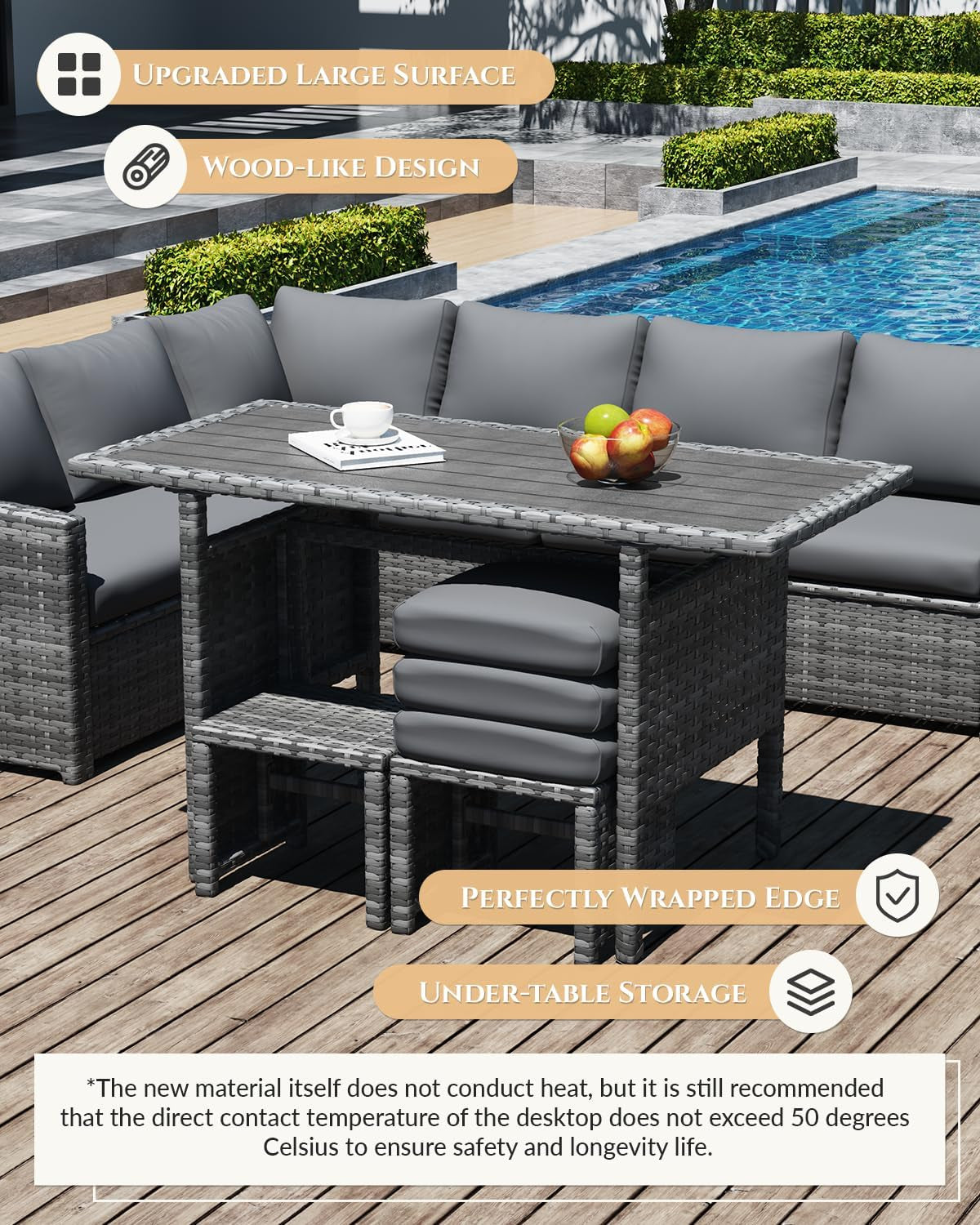 7 Pieces Patio Furniture Set, Outdoor Sectional Sofa Conversation Set, All Weather Wicker Rattan Dining Table & Chair with Ottoman, Grey Rattan&Grey Cushion
