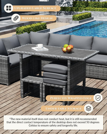 7 Pieces Patio Furniture Set, Outdoor Sectional Sofa Conversation Set, All Weather Wicker Rattan Dining Table & Chair with Ottoman, Grey Rattan&Grey Cushion