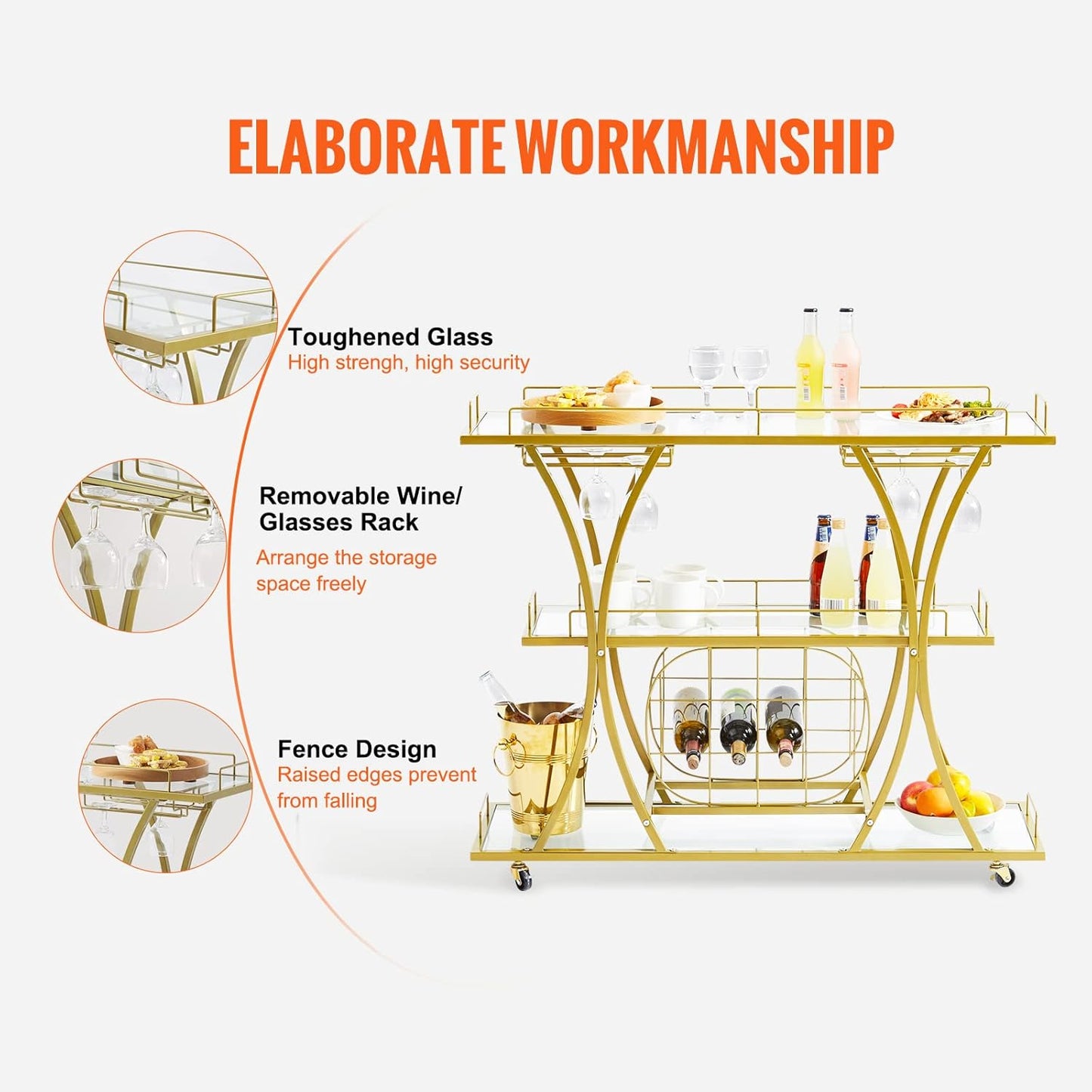 Bar Cart Gold, 3 Tiers Home Bar Serving Cart on Lockable Wheels, Rolling Alcohol Cart with Tempered Glass Shelves Guardrail Wine Rack, Modern Wine Cart for Home Kitchen Dining and Living Room