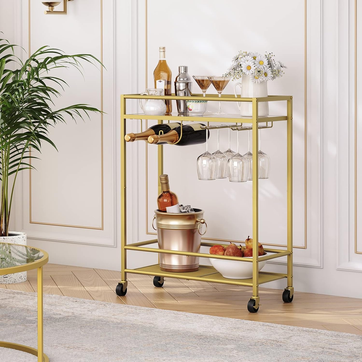Gold Bar Cart, Beverage Cart with Wheels, Bar Cart for the Home, 2-Tier Drink Cart with Wine Rack and Glass Holder, Kitchen, Dining Room, Gold RCJ63B01Z