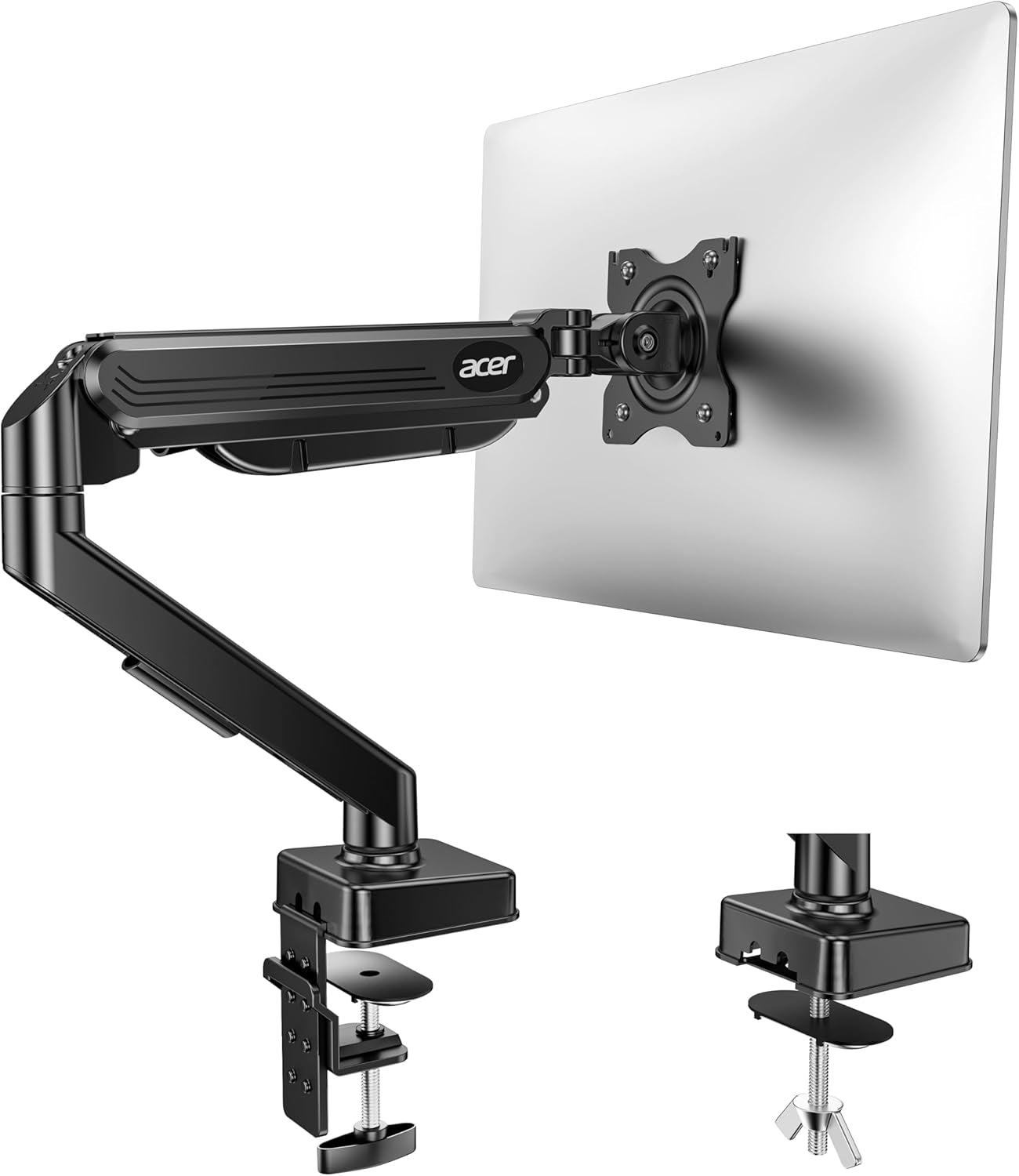 Single Monitor Mount, Fully Adjustable Monitor Arm Fits 17 to 34 Inch Screens, Gas Spring VESA Mount with C-Clamp & Grommet Base, Computer Desk Arm with Tilt Swivel Rotate Supports 4.4-19.8 Lbs