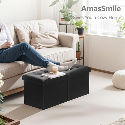 Footrest Ottoman Bench with Storage,34Inch Black Leather Footstool, Coffee Table, Padded Seat, Storage Chest,Blanket Store with Flipping Lid for Livingroom and Bedroom