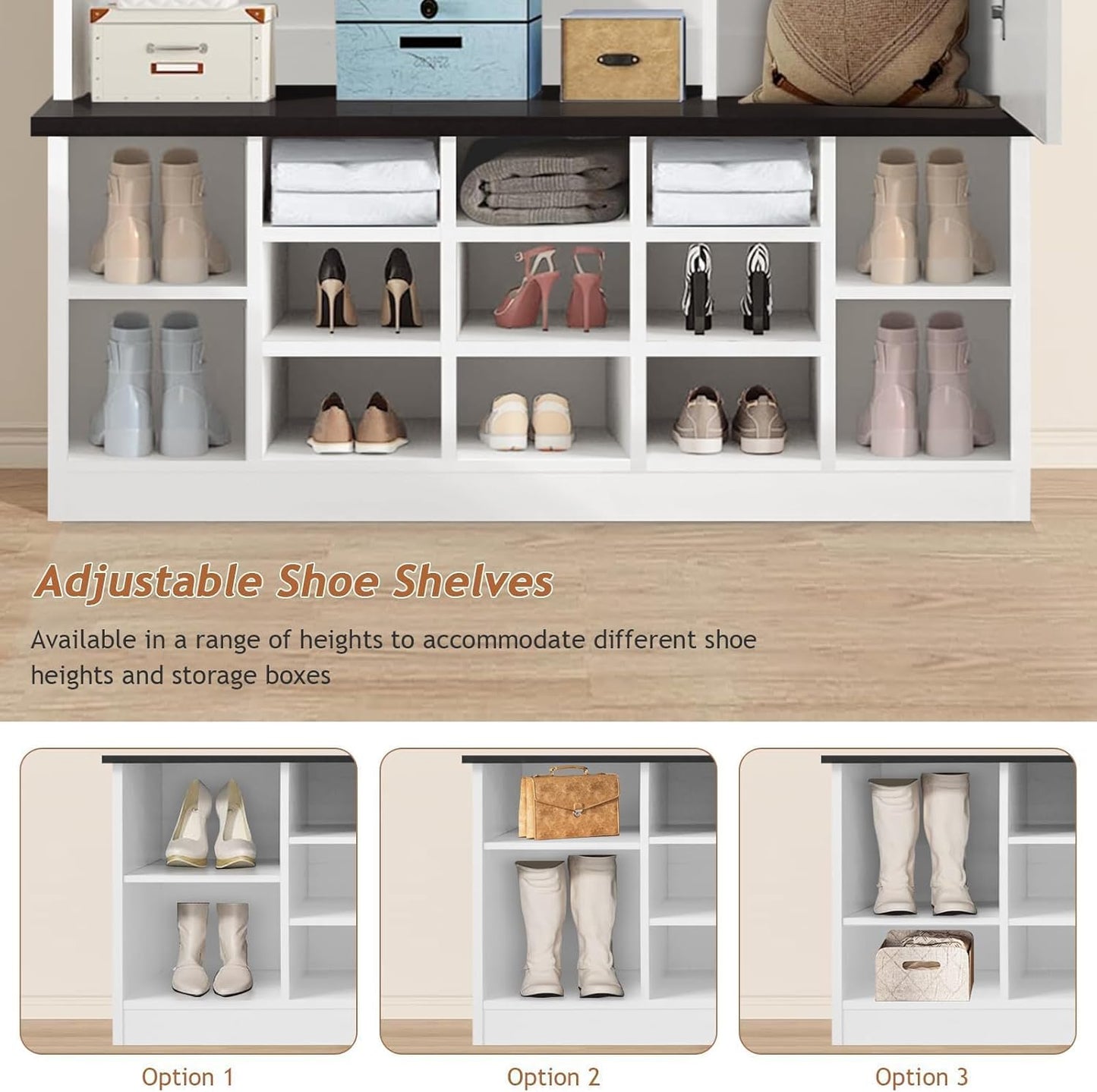 Farmhouse Mudroom Hall Tree with Shoe Storage, 79 Inch Hall Tree with Bench for Entryway, White Entryway Bench with Coat Rack and Barn Door, Adjustable Shoe Cubbies and 3-Tier Cabinet