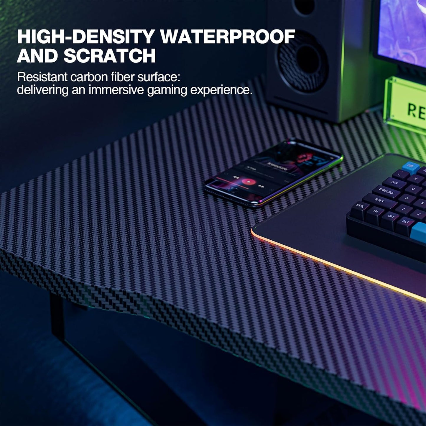 Gaming Desk Z Shaped 40 Inch Gamer Workstation, Home Computer Carbon Fiber Surface Gaming Desk PC Table with Headphone Hook, Carbon Fiber Black