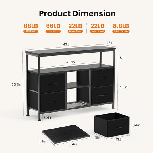TV Stand Dresser for Bedroom 4 Drawers Entertainment Center with LED Lights and Power Outlets Media Console for 50 Inch TV Living Room Furniture with Open Shelf Adjustable Feet, Black