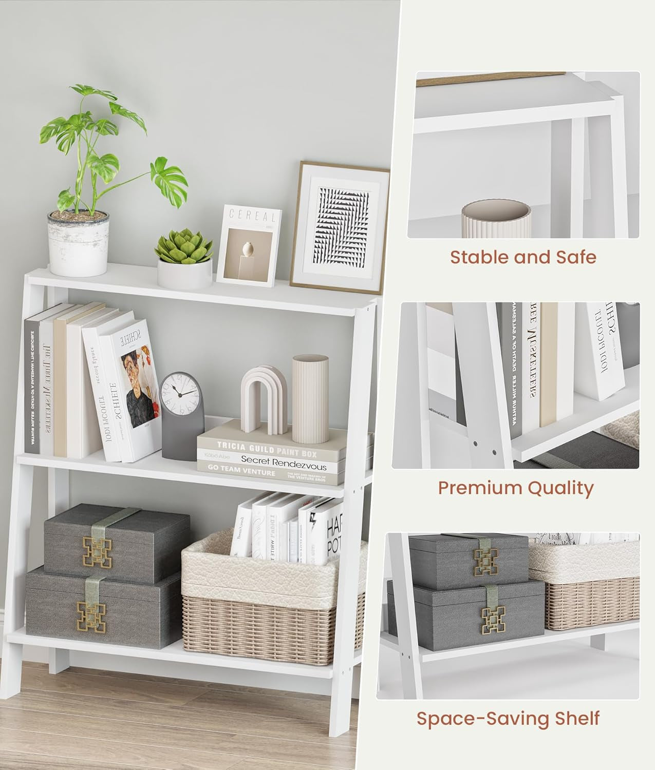 3-Tier Ladder Bookshelf, Bathroom Shelf Freestanding, Small Bookshelf with Storage, Display Stand for Home Office, Living Room, Kitchen, Bedroom, Bathroom, White