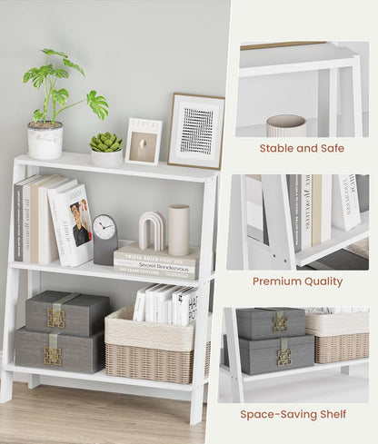 3-Tier Ladder Bookshelf, Bathroom Shelf Freestanding, Small Bookshelf with Storage, Display Stand for Home Office, Living Room, Kitchen, Bedroom, Bathroom, White