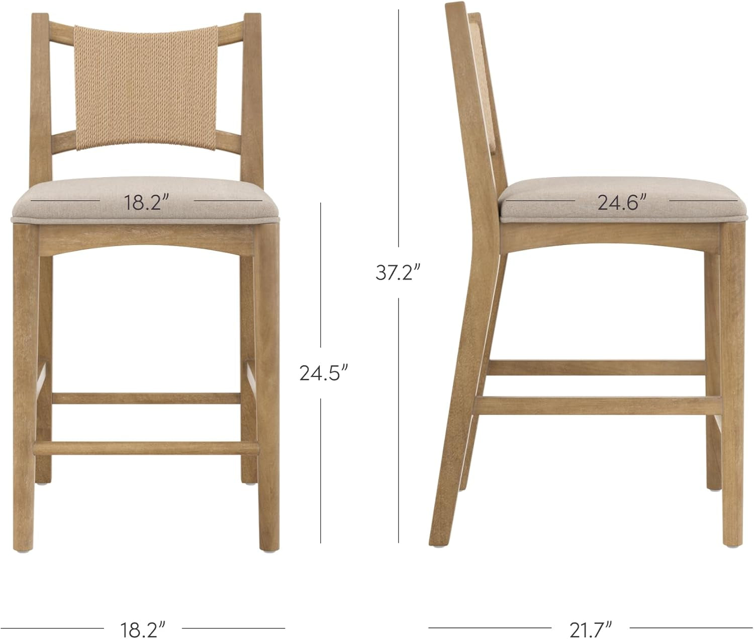 Elodia Boho Counter Height Bar Stool with Back, Woven Seagrass Backrest and Solid Wood Frame, Light Brown