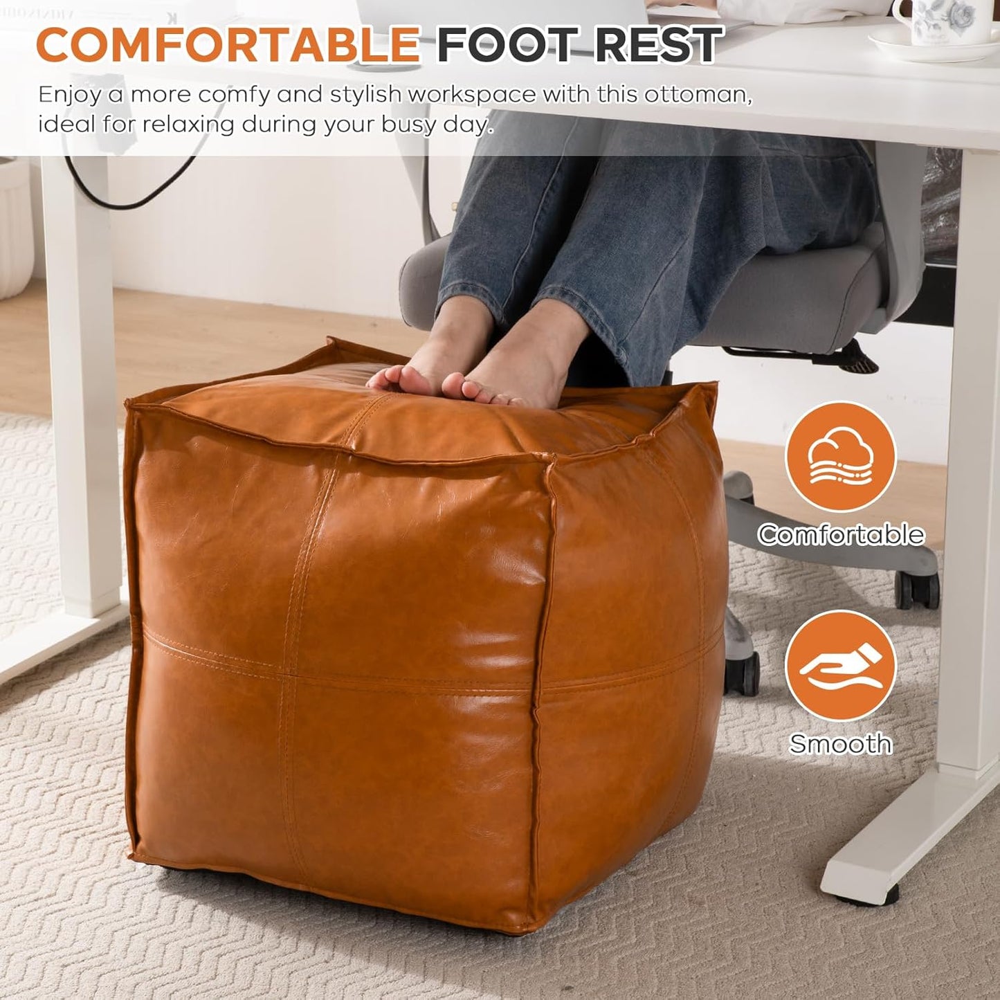 Unstuffed Pouf Ottoman Cover (Only Cover No Filler), 17.7X17.7 Inch Faux Leather Moroccan Poofy Ottomans Cover, Footrest Square White Footstool with Storage Waterproof Easy Cleaning for Living Room