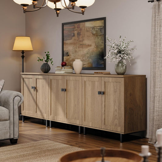 Buffet Sideboard Cabinet Farmhouse Modern 3 In1 Storage Cabinet with Adjustable Shelves for Kitchen, Coffee Bar, Living Room, Oak