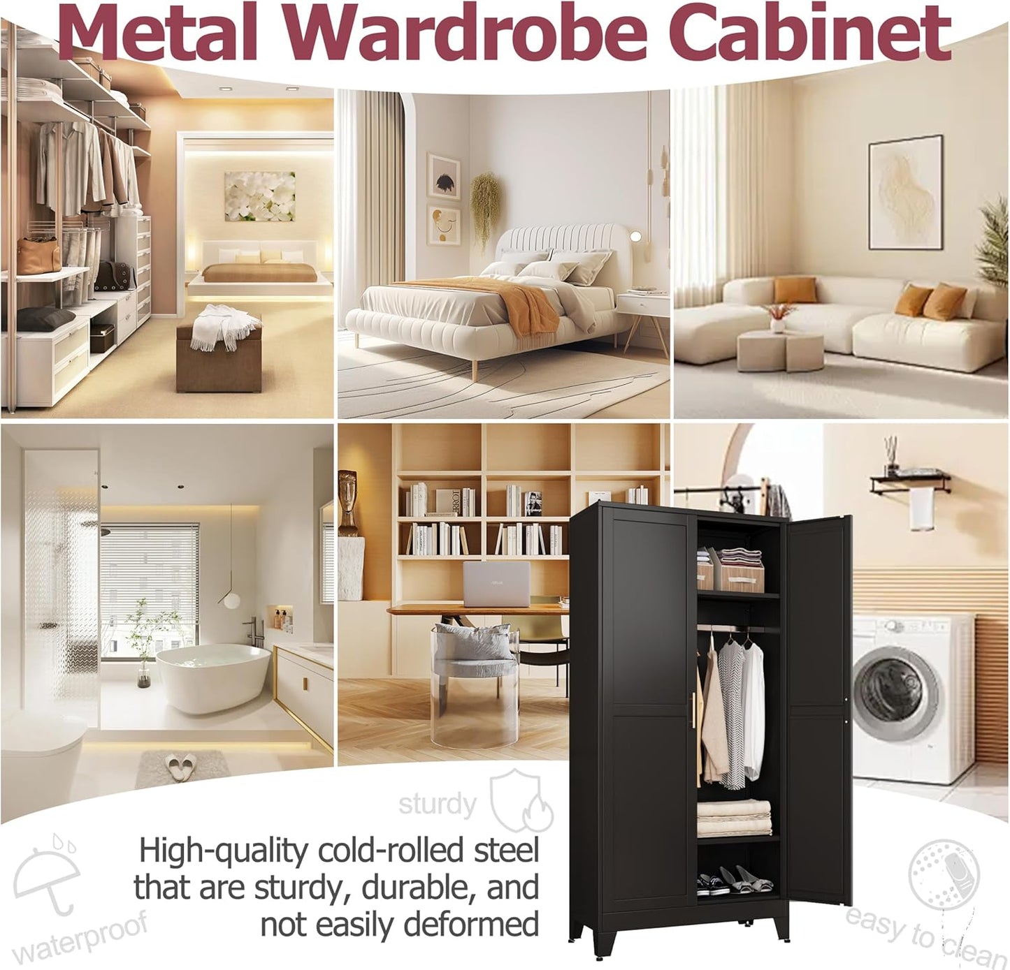 Metal Wardrobe Cabinet with Hanging Rod, 71" Metal Clothing Storage Cabinets with 2 Doors and Adjustable Shelves, Black Armoire Wardrobe Closet for Bedroom, Laundry Room, Cloak Room