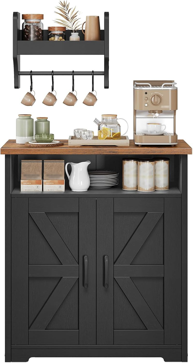 Coffee Bar Cabinet, Kitchen Island with Storage, Farmhouse Sideboard Buffet Cabinet with Dual-Purpose Floating Shelf and Hooks, for Restaurant, Living Room, Rustic Brown KF22BR