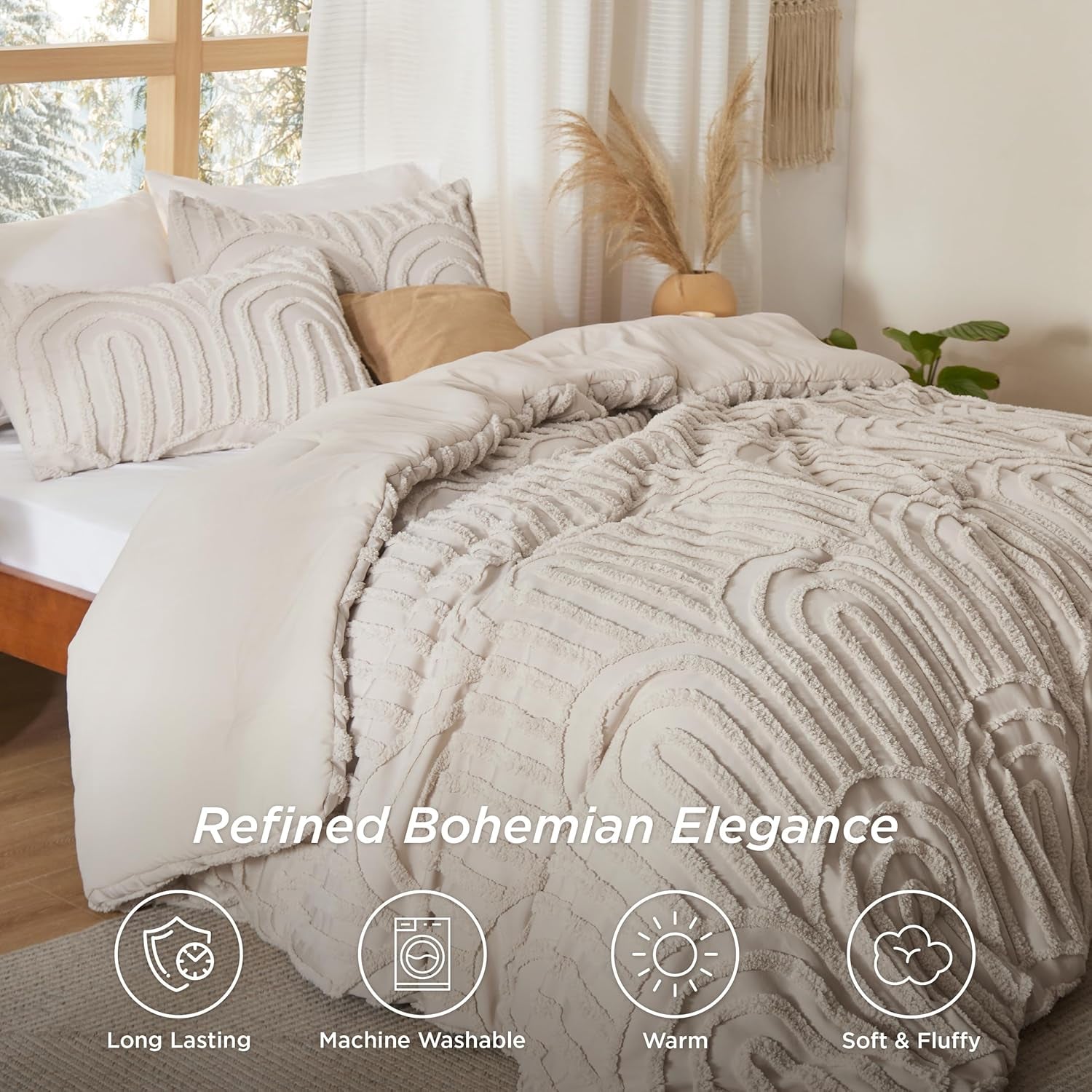 Boho Tufted Queen Comforter Set - Beige Boho Bedding Comforter Sets, 3 Pieces Farmhouse Shabby Chic Embroidery Bed Set, Soft Fluffy Cozy Arch Pattern Comforter for All Seasons