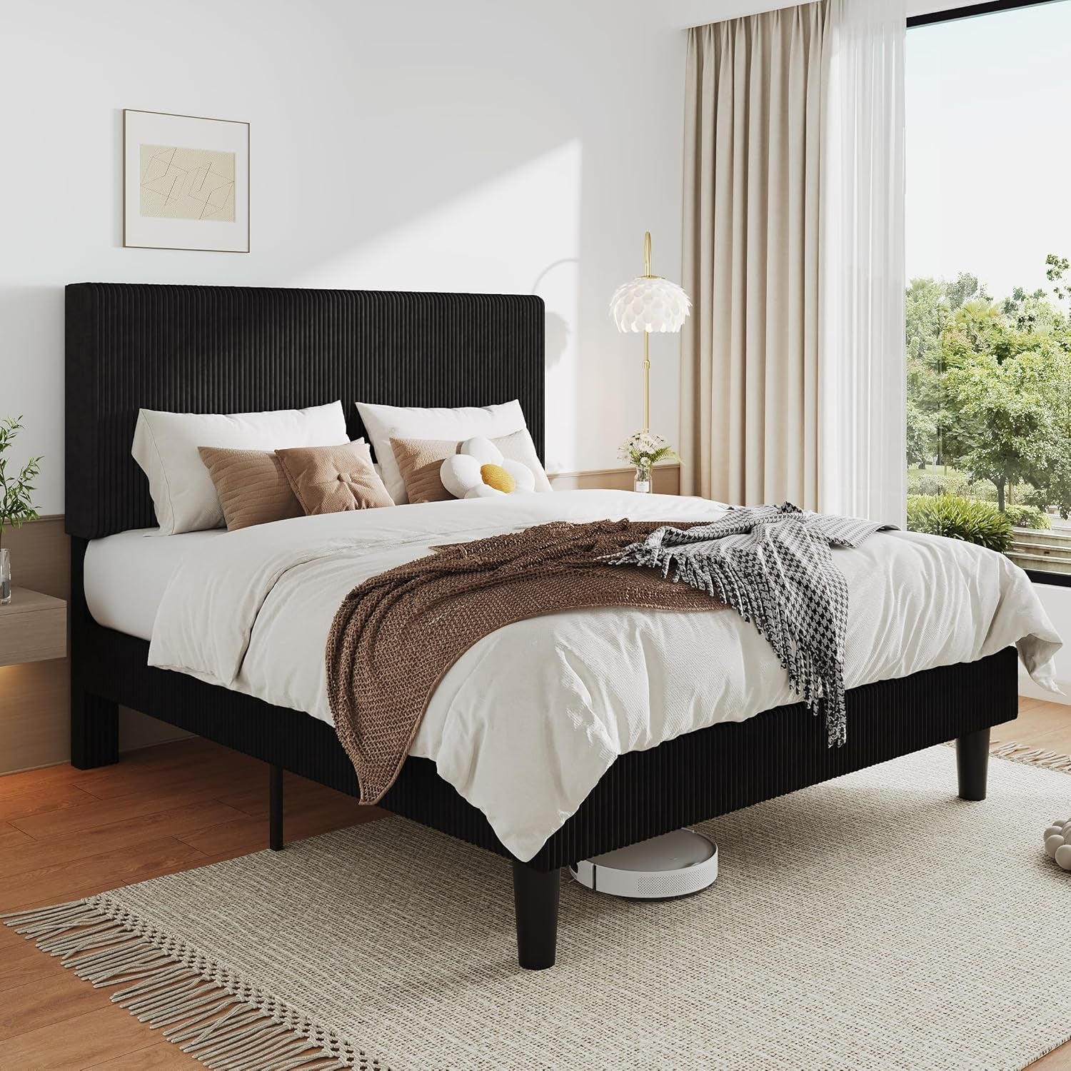 Queen Size Upholstered Bed Frame with Vertical Channel Tufted Headboard, Soft Corduroy Fabric Platform Bed, Strong Wooden Slats Support, Easy Assembly, No Box Spring Needed, Light Grey
