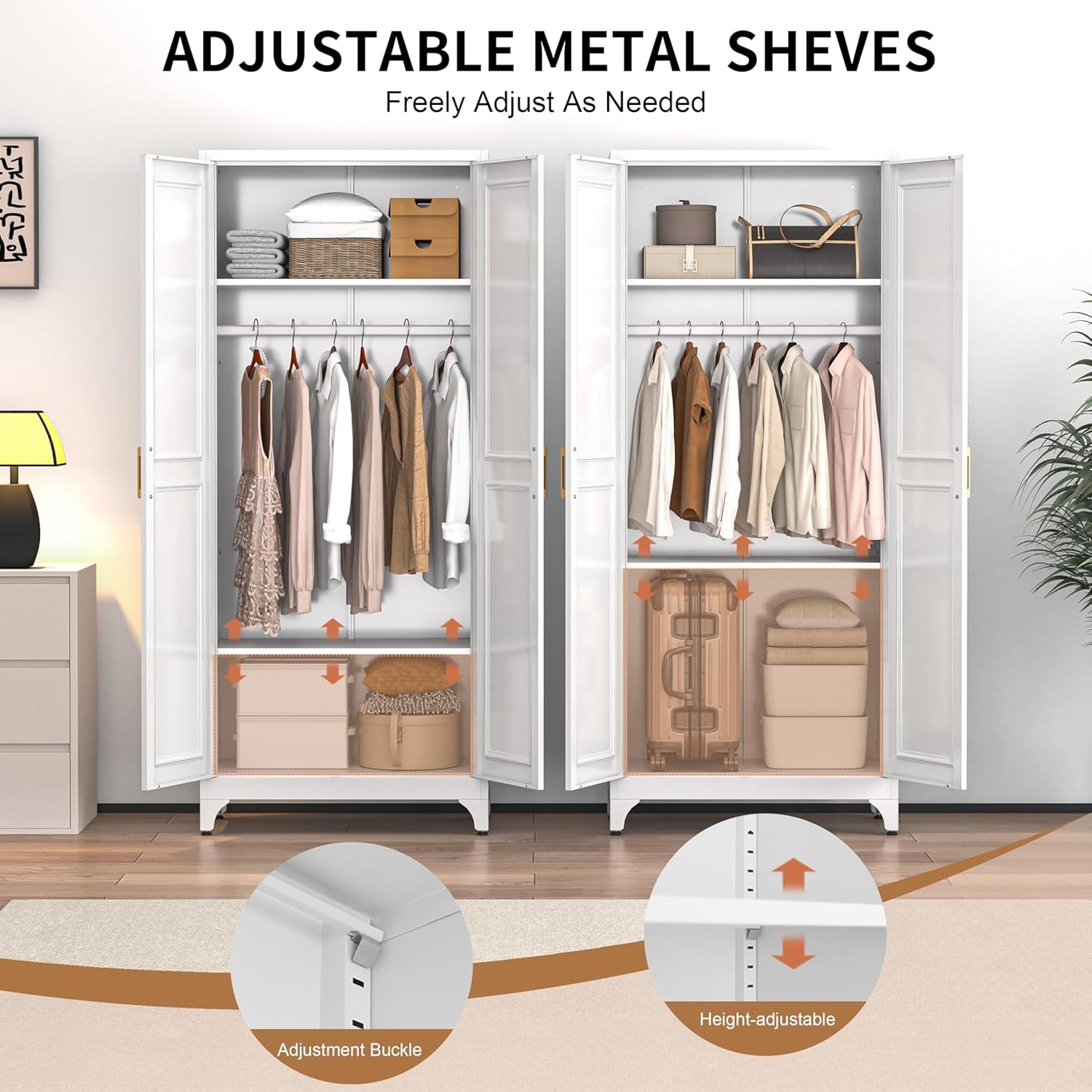 Metal Wardrobe Cabinets,Armoire Wardrobe Closet with Hanging Rod,Clothes Storage Cabinet with Adjustable Shelves and Doors,Clothing Cabinet for Bedroom,Office, Laundry Room