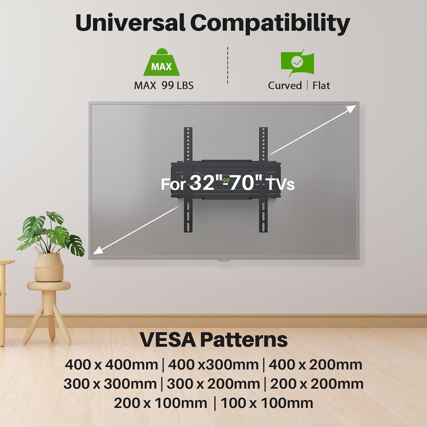 Full Motion TV Wall Mount for Most 32-70 Inch Tvs up to 99 Lbs, Wall Mount Bracket with Dual Articulating Arms, Swivel, Tilt, Max VESA 400X400Mm, TV Mount Fits 12”/16” Wood Studs