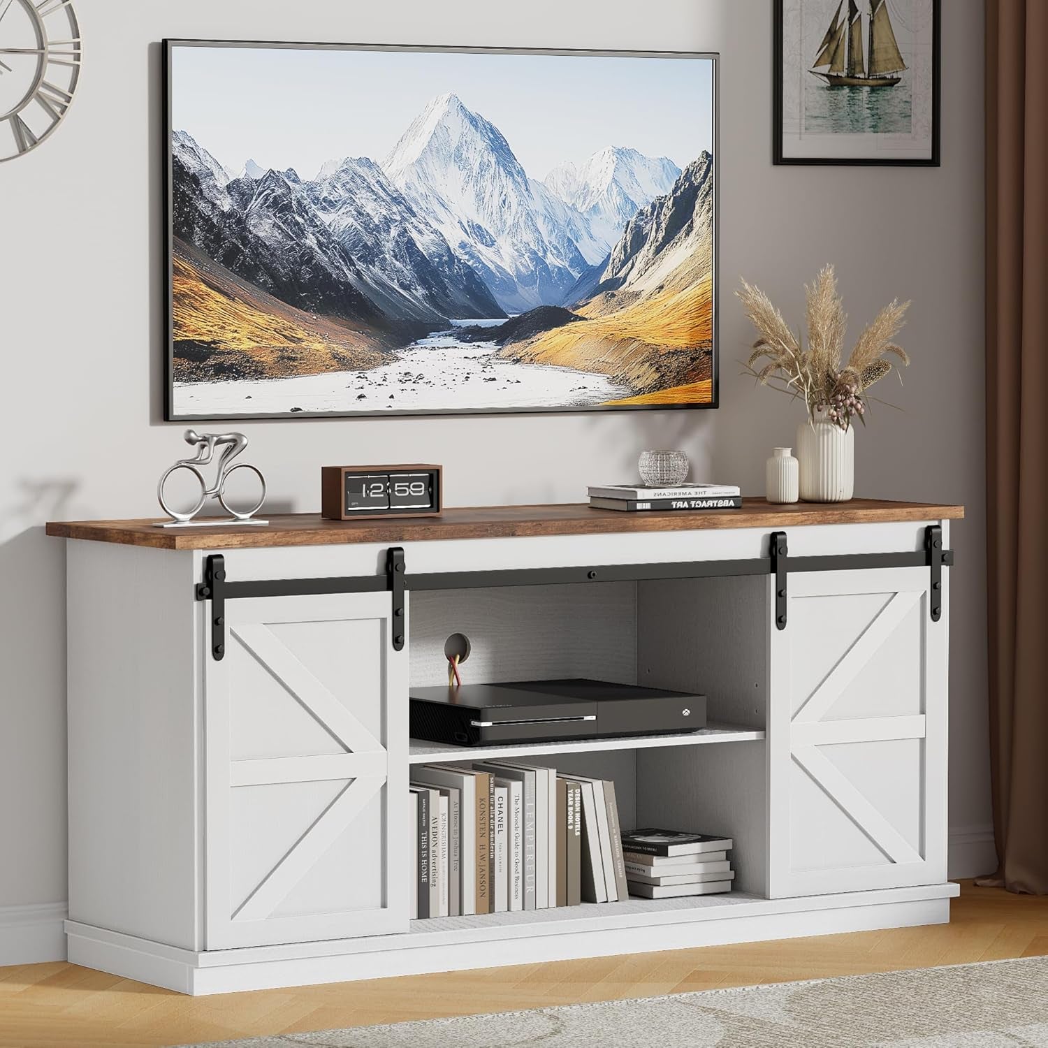 TV Stand with 4 Drawers for 65 Inch TV, Entertainment Center with Storage Cabinets and Sliding Barn Doors, Mid Century Modern Media TV Console Table for Living Room Bedroom (Bright White)