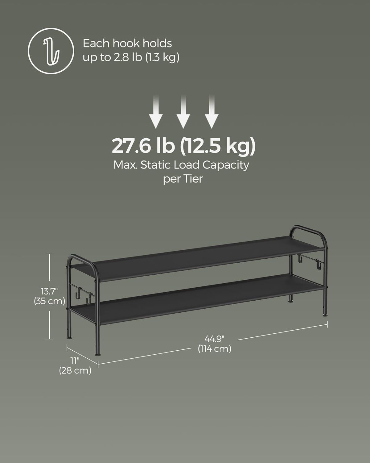 Shoe Rack, 2-Tier Shoe Organizer, Fabric Shoe Shelf Storage with 4 Hooks, Holds up to 12 Pairs of Shoes, Height-Adjustable Shoe Rack for Entryway, Hallway, Closet, Easy Assembly, Ink Black